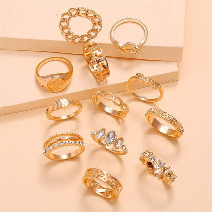 Charming 12-Piece Bohemian Gold Crystal Ring Set - Elegant Jewelry Collection for Women - Très Elite