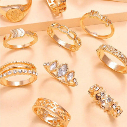 Charming 12-Piece Bohemian Gold Crystal Ring Set - Elegant Jewelry Collection for Women - Très Elite
