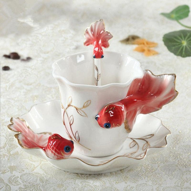 Charming 3D Goldfish Ceramic Mug Set with Matching Saucer and Spoon
