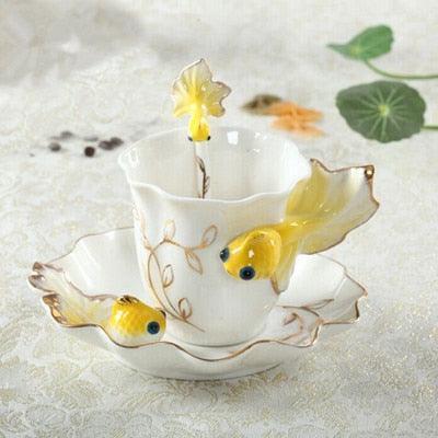 Charming 3D Goldfish Ceramic Mug Set with Matching Saucer and Spoon - Très Elite