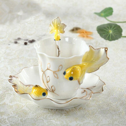 Charming 3D Goldfish Ceramic Mug Set with Matching Saucer and Spoon - Très Elite