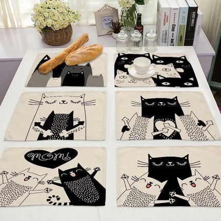 Charming Black Cat Cotton Linen Placemat - Essential Dining Table Accessory..