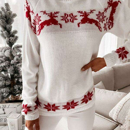 Charming Christmas Elk Jacquard Knit Sweater - Women's Holiday Fashion Top