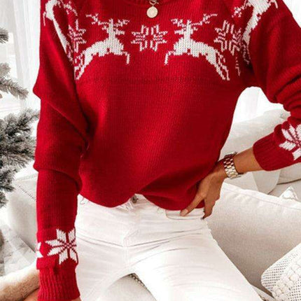 Charming Christmas Elk Jacquard Knit Sweater - Women's Holiday Fashion Top