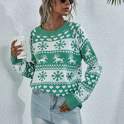 Charming Elk Snowflake Knit Christmas Sweater for Women - Cozy Festive Top