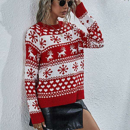 Charming Elk Snowflake Knit Christmas Sweater for Women - Cozy Festive Top - Très Elite
