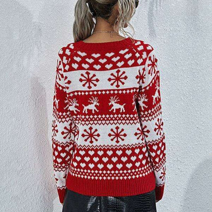 Charming Elk Snowflake Knit Christmas Sweater for Women - Cozy Festive Top - Très Elite
