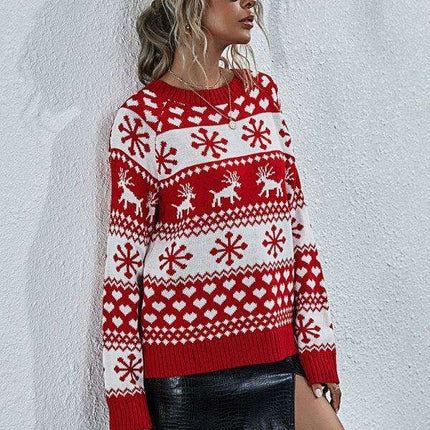 Charming Elk Snowflake Knit Christmas Sweater for Women - Cozy Festive Top - Très Elite