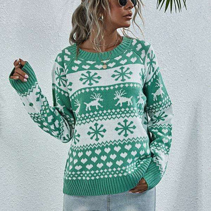 Charming Elk Snowflake Knit Christmas Sweater for Women - Cozy Festive Top - Très Elite