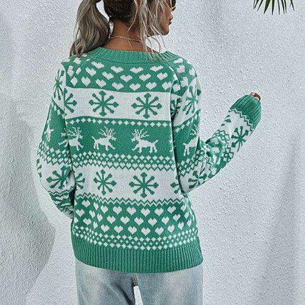 Charming Elk Snowflake Knit Christmas Sweater for Women - Cozy Festive Top - Très Elite