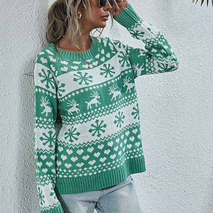 Charming Elk Snowflake Knit Christmas Sweater for Women - Cozy Festive Top - Très Elite
