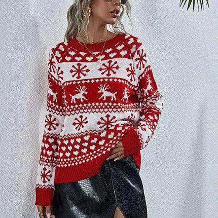 Charming Elk Snowflake Knit Christmas Sweater for Women - Cozy Festive Top