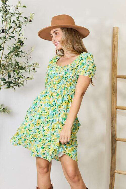 Charming Floral Smocked Mini Dress with Flouncy Sleeves