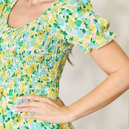 Charming Floral Smocked Mini Dress with Flouncy Sleeves