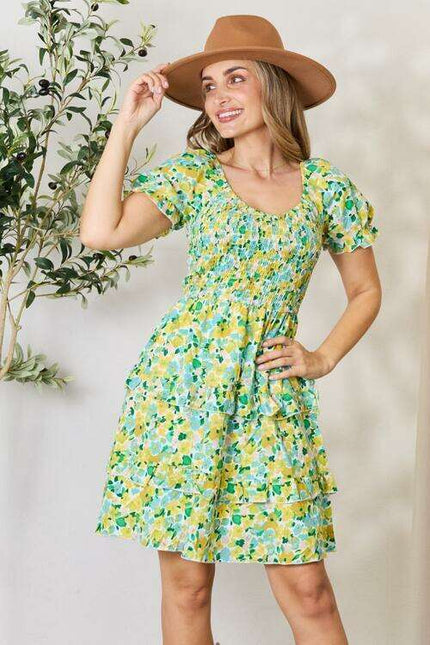 Charming Floral Smocked Mini Dress with Flouncy Sleeves