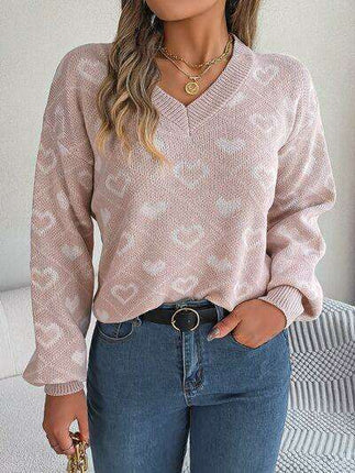 Charming Heart Print V-Neck Knit Sweater - Très Elite