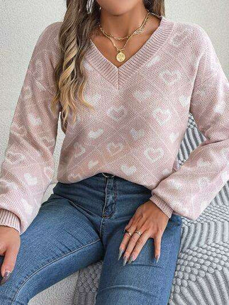 Charming Heart Print V-Neck Knit Sweater - Très Elite