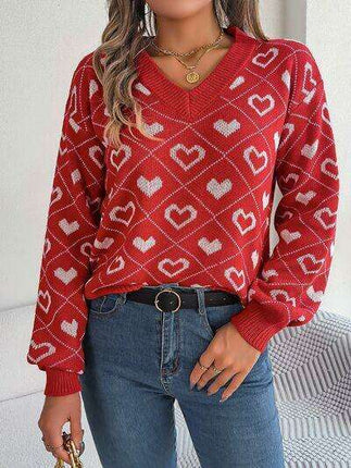 Charming Heart Print V-Neck Knit Sweater - Très Elite