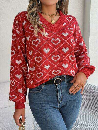 Charming Heart Print V-Neck Knit Sweater - Très Elite