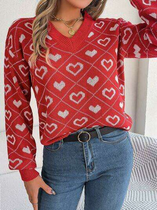 Charming Heart Print V-Neck Knit Sweater - Très Elite