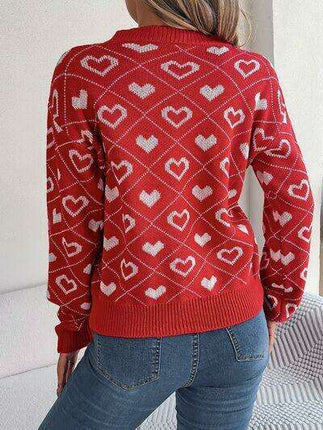 Charming Heart Print V-Neck Knit Sweater - Très Elite