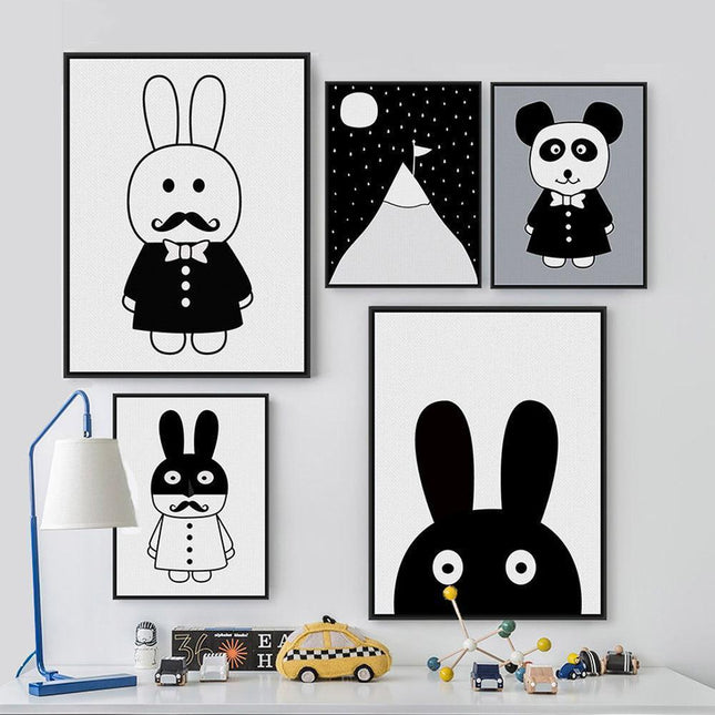 Charming Monochrome Cartoon Animal Canvas Art - Playful Home Accent