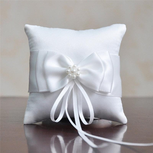 Charming Satin and Pearl Double Bow Ring Cushion - Perfect for Weddings