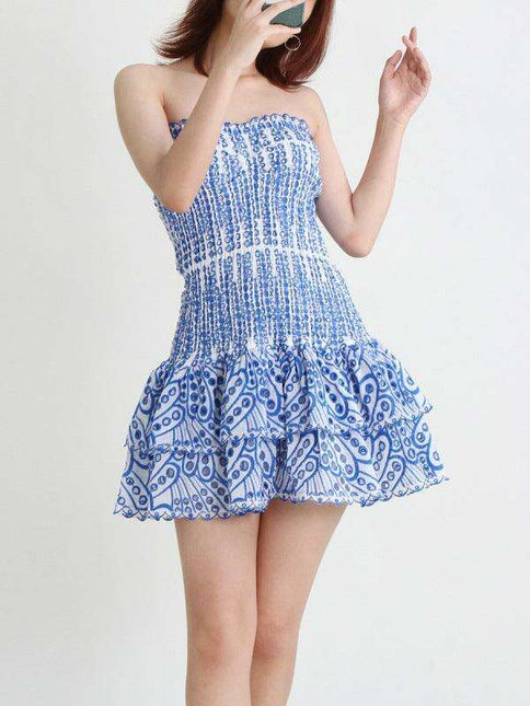 Charming Strapless Embroidered Ruffle Mini Dress - Summer Floral Delight