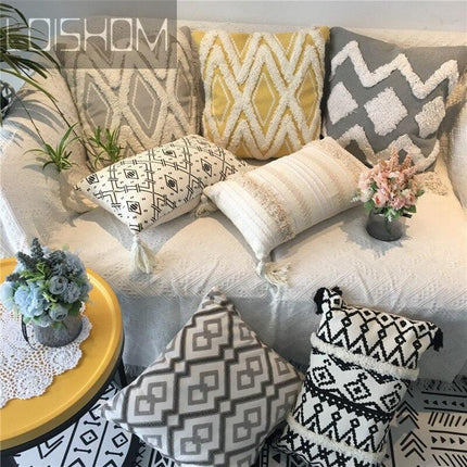 Charming Yellow and Gray Cotton Tassel Wave Embroidered Pillow Cover