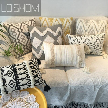 Charming Yellow and Gray Cotton Tassel Wave Embroidered Pillow Cover