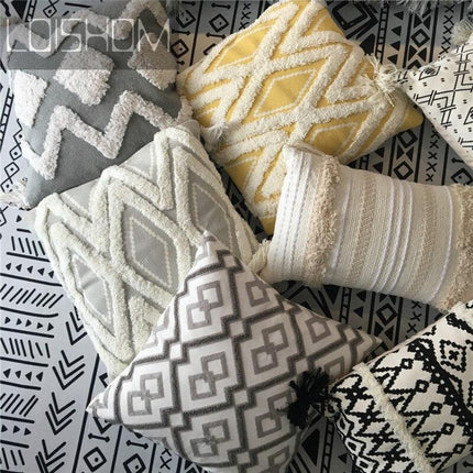 Charming Yellow and Gray Cotton Tassel Wave Embroidered Pillow Cover