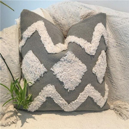 Charming Yellow and Gray Cotton Tassel Wave Embroidered Pillow Cover