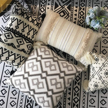 Charming Yellow and Gray Cotton Tassel Wave Embroidered Pillow Cover