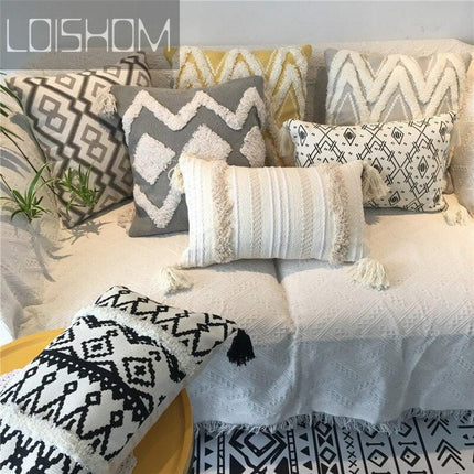 Charming Yellow and Gray Cotton Tassel Wave Embroidered Pillow Cover