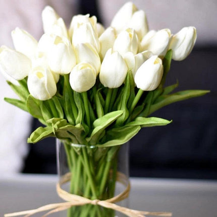 Charming Yellow and White Realistic Tulip Bouquet - Set of 10 Lifeslike Flowers for Any Occasion..