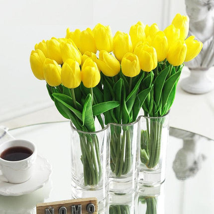 Charming Yellow and White Realistic Tulip Bouquet - Set of 10 Lifeslike Flowers for Any Occasion..
