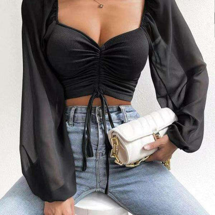 Chic Adjustable Drawstring Chiffon Knit Blouse - Fashionable Women's Top