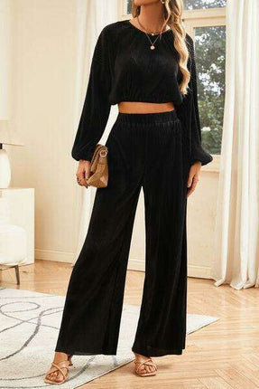 Chic Balloon Sleeve Polyester Top and Pants Set - Stylish Two-Piece Outfit