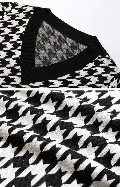 Chic Black Houndstooth V-Neck Sweater - Women's Fashion Elegance