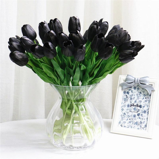 Chic Black Rose Tulip Latex Floral Arrangement - Set of 15 Handcrafted Elegance - Très Elite