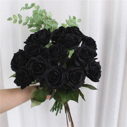 Chic Black Rose Tulip Latex Floral Arrangement - Set of 15 Handcrafted Elegance