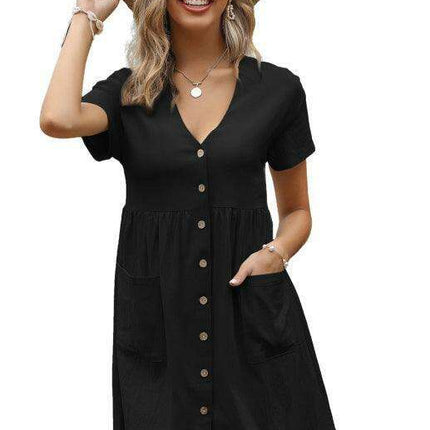 Chic Breeze Women's Cotton Linen V-Neck Shirt Dress with Short Sleeves - Très Elite