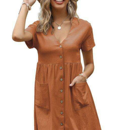 Chic Breeze Women's Cotton Linen V-Neck Shirt Dress with Short Sleeves - Très Elite