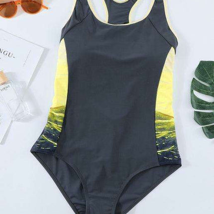 Chic Color Block Racerback Swimsuit with Elegant Cut-out Back Design - Très Elite