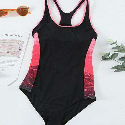 Chic Color Block Racerback Swimsuit with Elegant Cut-out Back Design - Très Elite