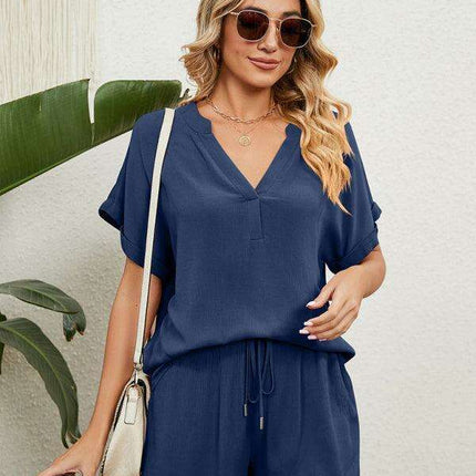 Chic Comfort Women's V-Neck Top & Shorts Ensemble - Perfect Spring-Summer Look
