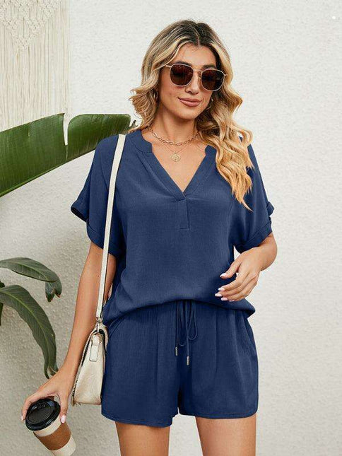 Chic Comfort Women's V-Neck Top & Shorts Ensemble - Perfect Spring-Summer Look