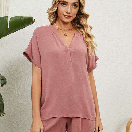Chic Comfort Women's V-Neck Top & Shorts Ensemble - Perfect Spring-Summer Look