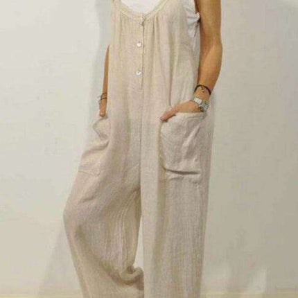 Chic Cotton Linen Jumpsuit with Pocket & Stretchy Waist - Perfect Casual Ensemble - Très Elite