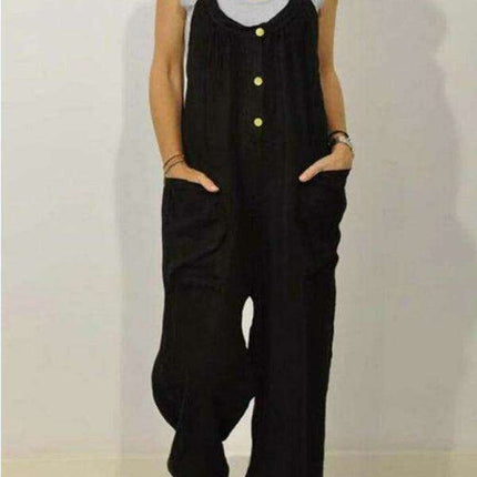 Chic Cotton Linen Jumpsuit with Pocket & Stretchy Waist - Perfect Casual Ensemble - Très Elite